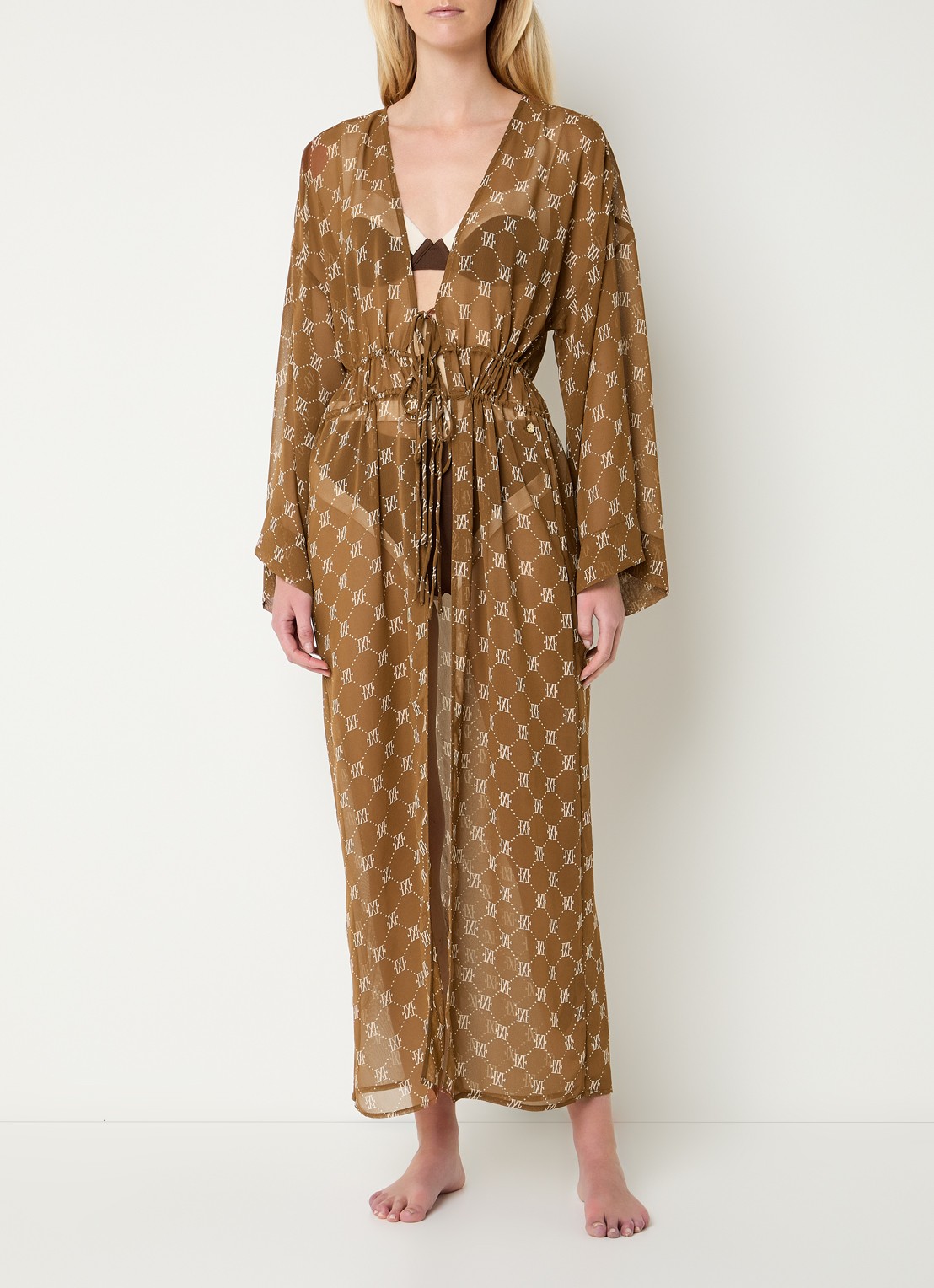 JOSH V Sienna kimono met logoprint - detail 3 hazelnootbruin