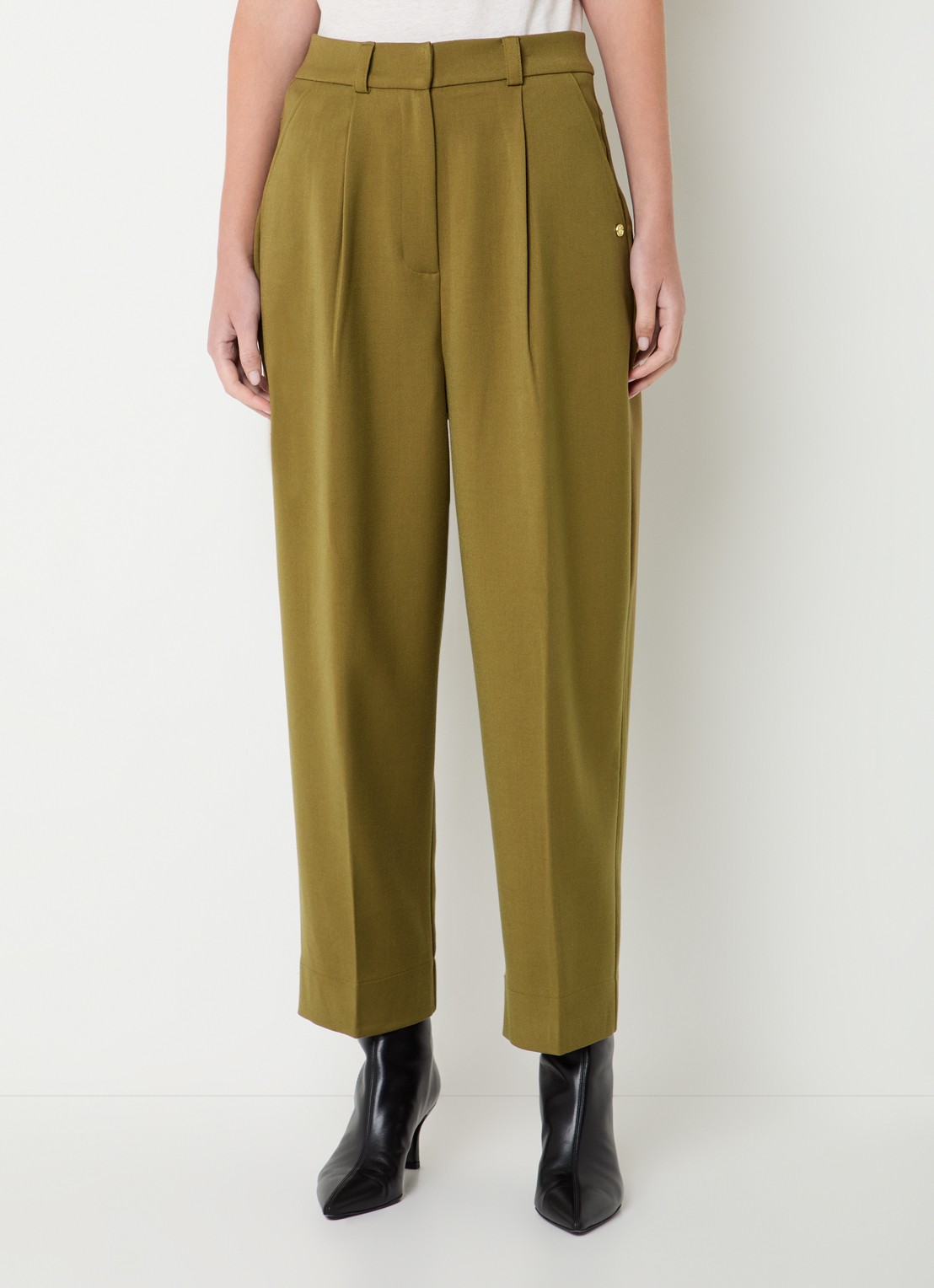 JOSH V Sonyes high waist wide fit pantalon met steekzakken - detail 4 olijfgroen