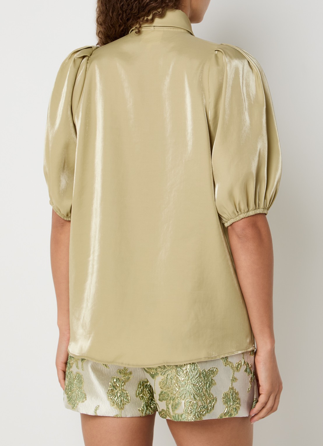 JOSH V Sylviana blouse met pofmouw en glanzende finish - achterkant lindegroen