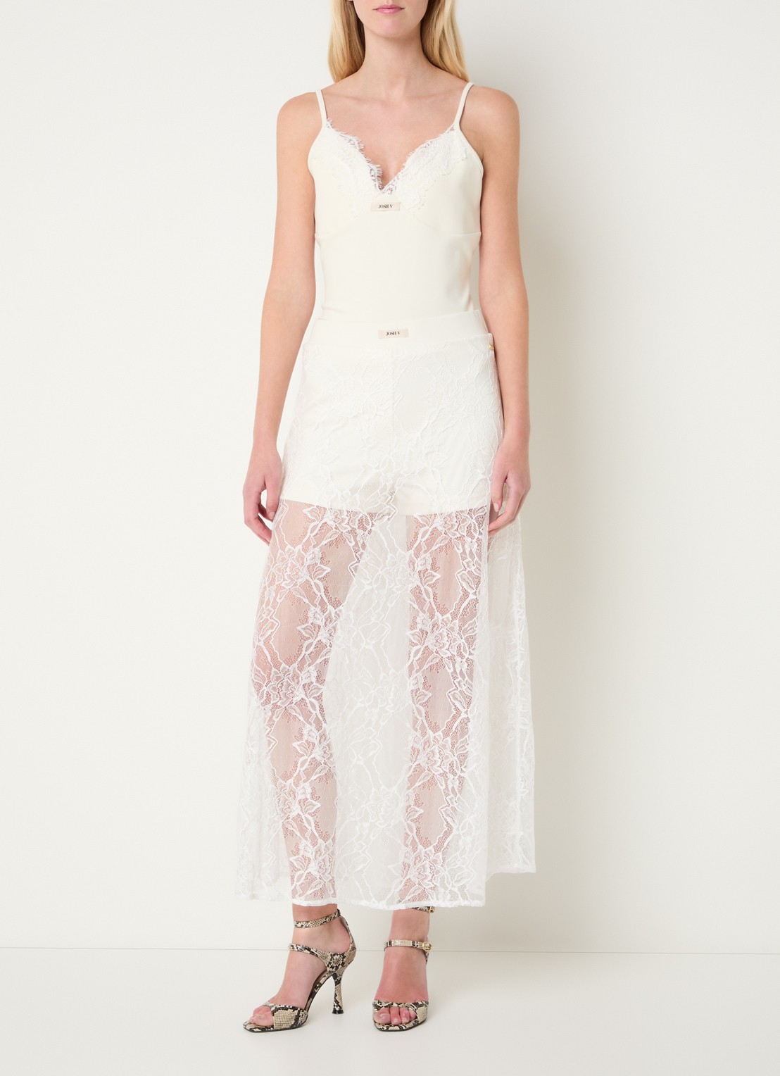 JOSH V Trixie midi rok met broderie - voorkant 2 beige