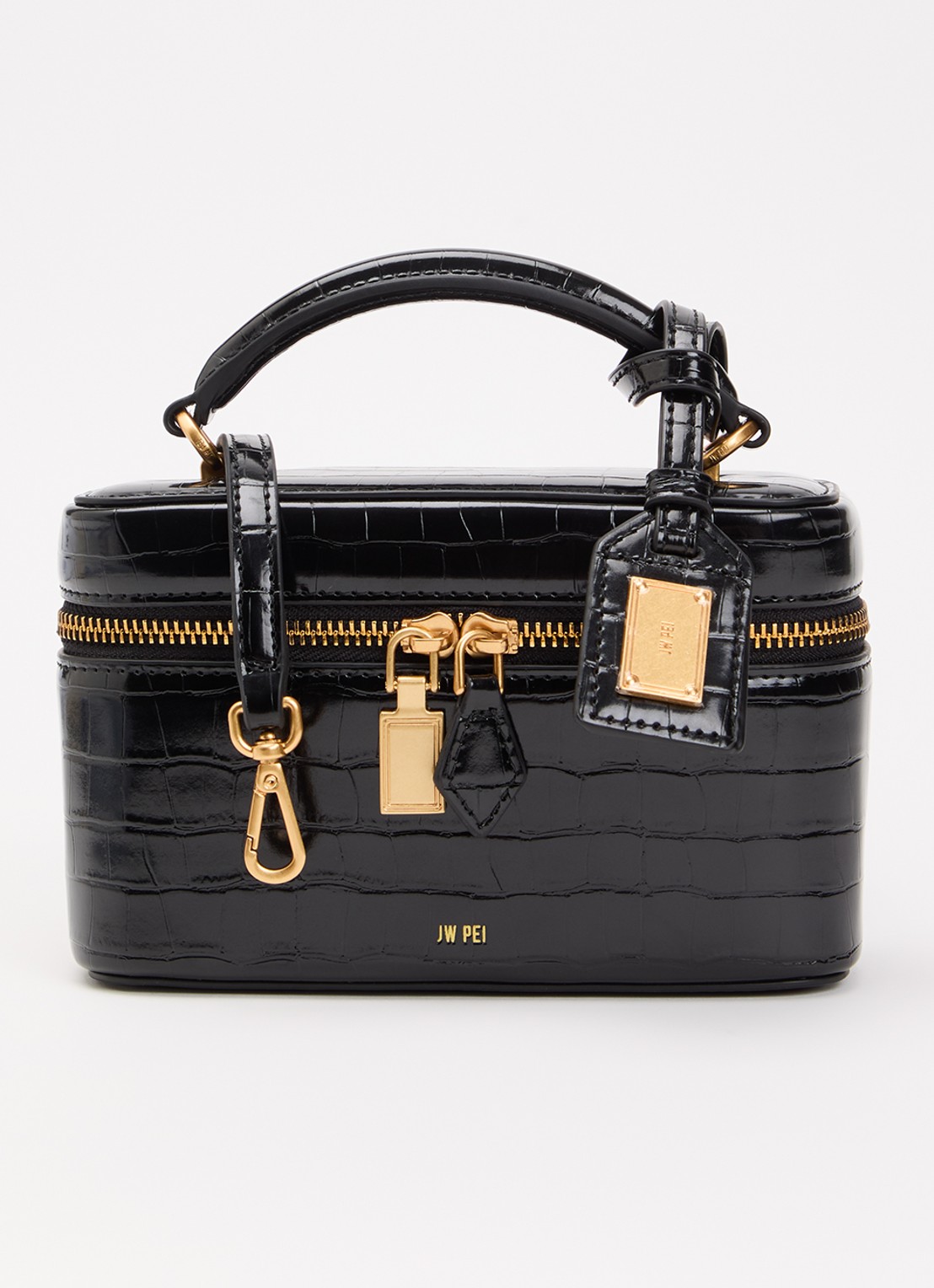 JW PEI Cleo Box handtas met crocostructuur en afneembare schouderriem - voorkant 5 zwart