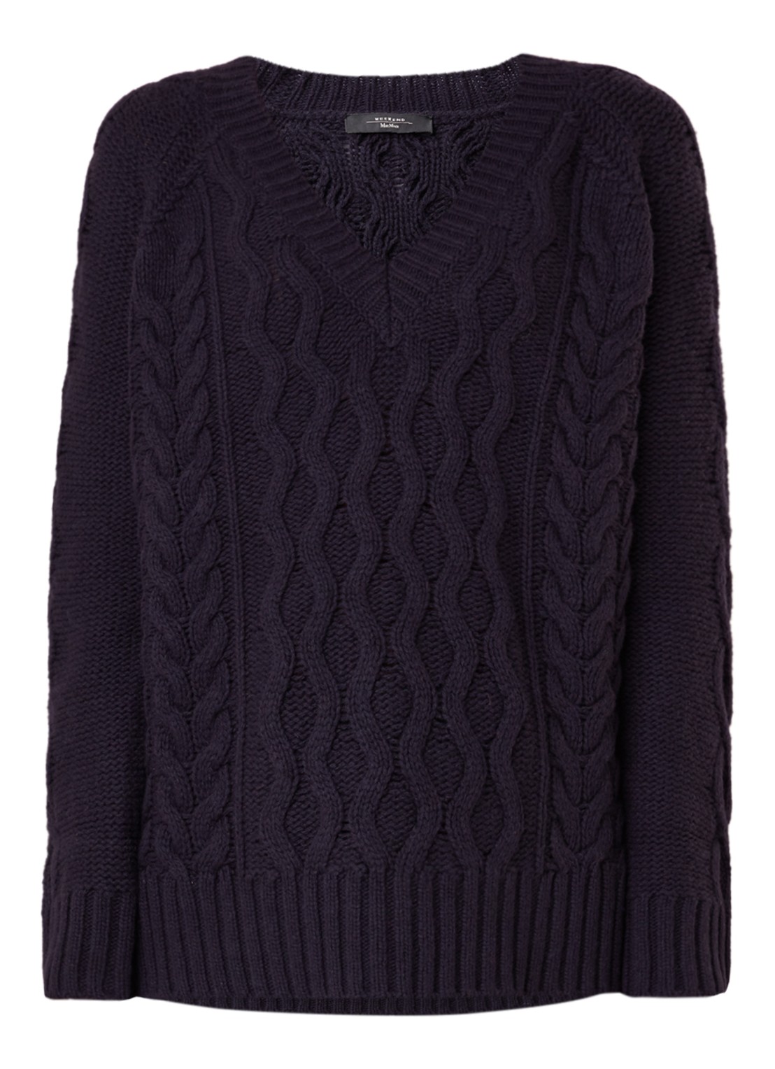 Kabelgebreide pullover van wol met V-hals - voorkant 3 donkerblauw