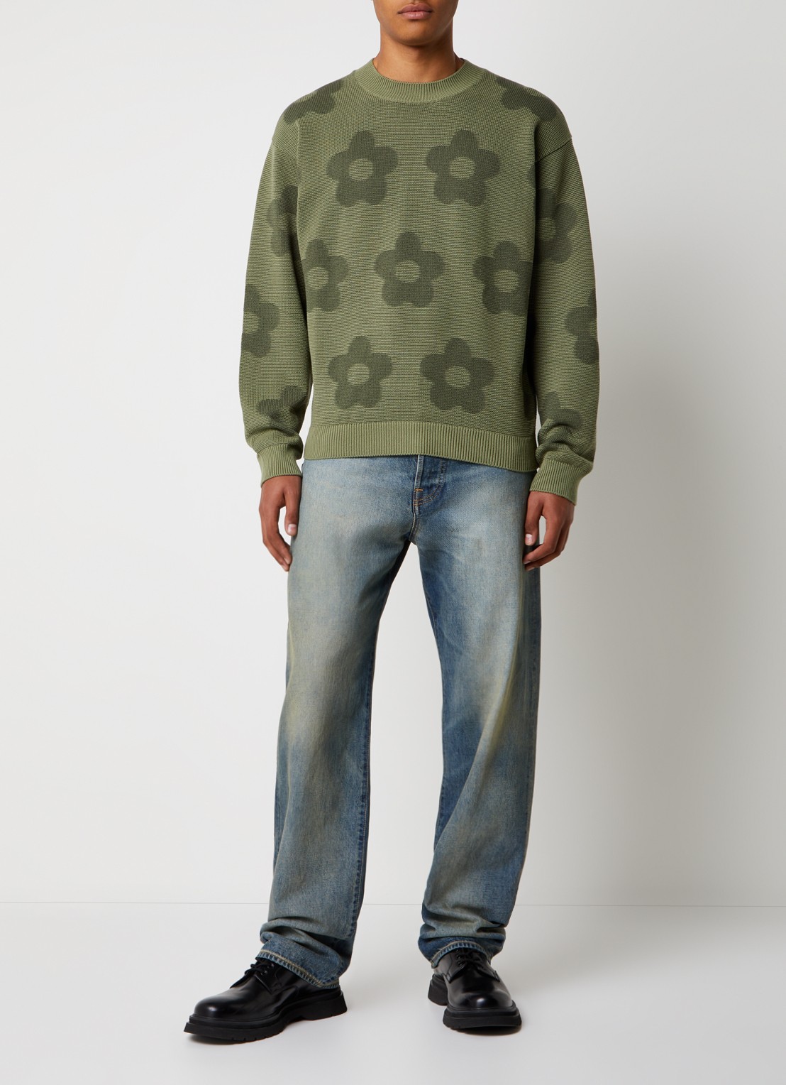 KENZO Grofgebreide trui met bloemenprint - voorkant 3 groen