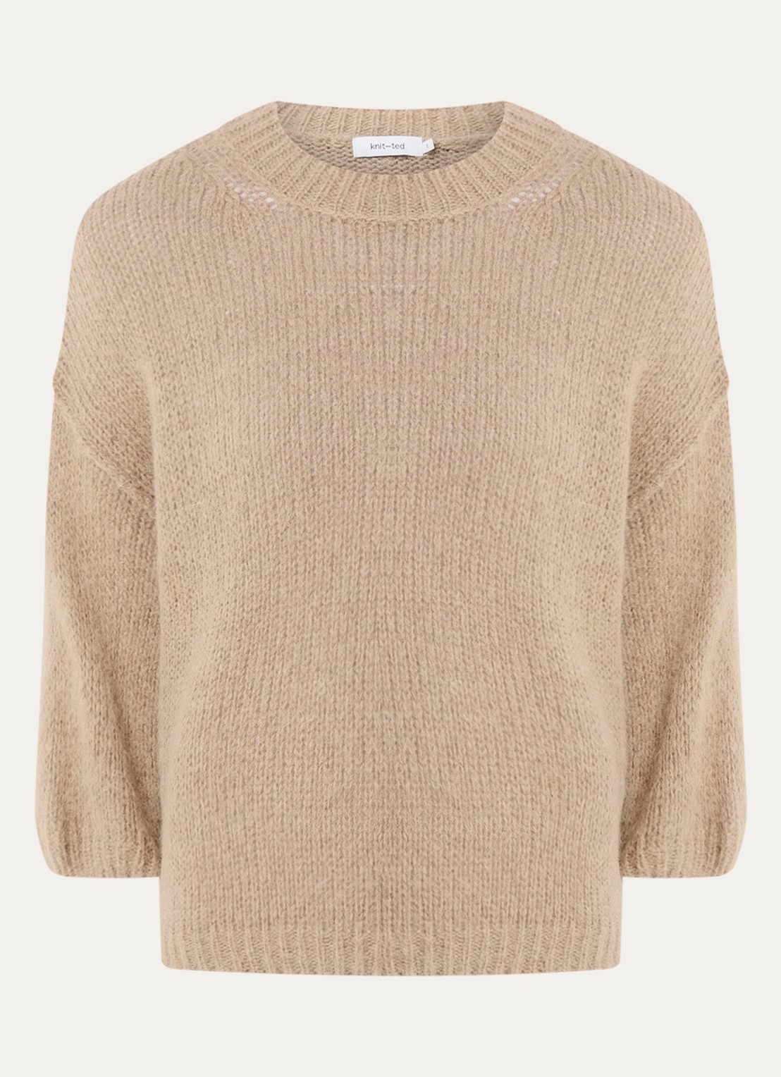 Knit-ted Grofgebreide pullover in alpaca wolblend  - voorkant 3 donkerbeige