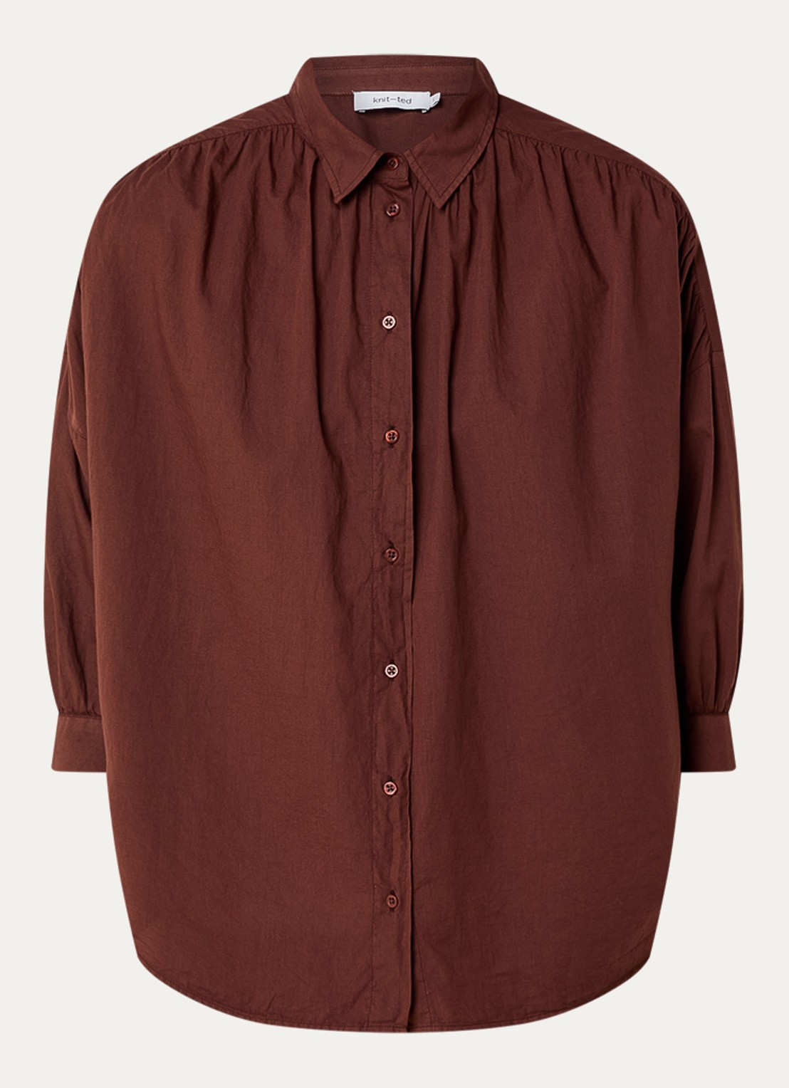 Knit-ted Mook blouse met plooidetail - voorkant 3 kastanjebruin
