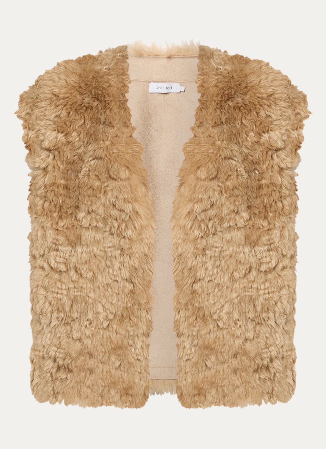 Knit-ted Opal gilet van imitatiebont - voorkant camel