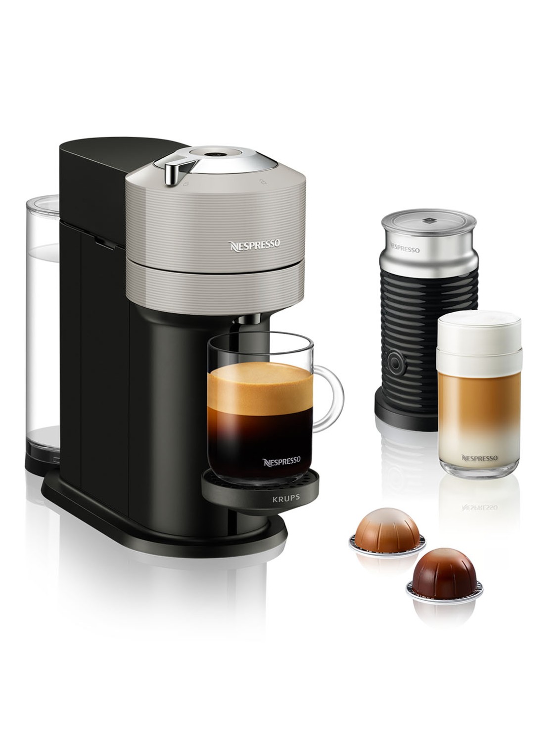 Krups Vertuo Next Nespresso machine & Aeroccino melkopschuimer XN911B - voorkant lichtgrijs