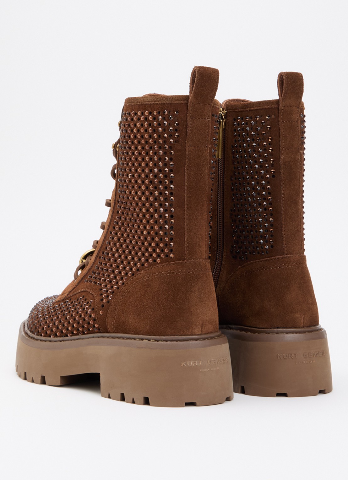 Kurt Geiger Chelsea veterboot van suède met strass - achterkant cognac