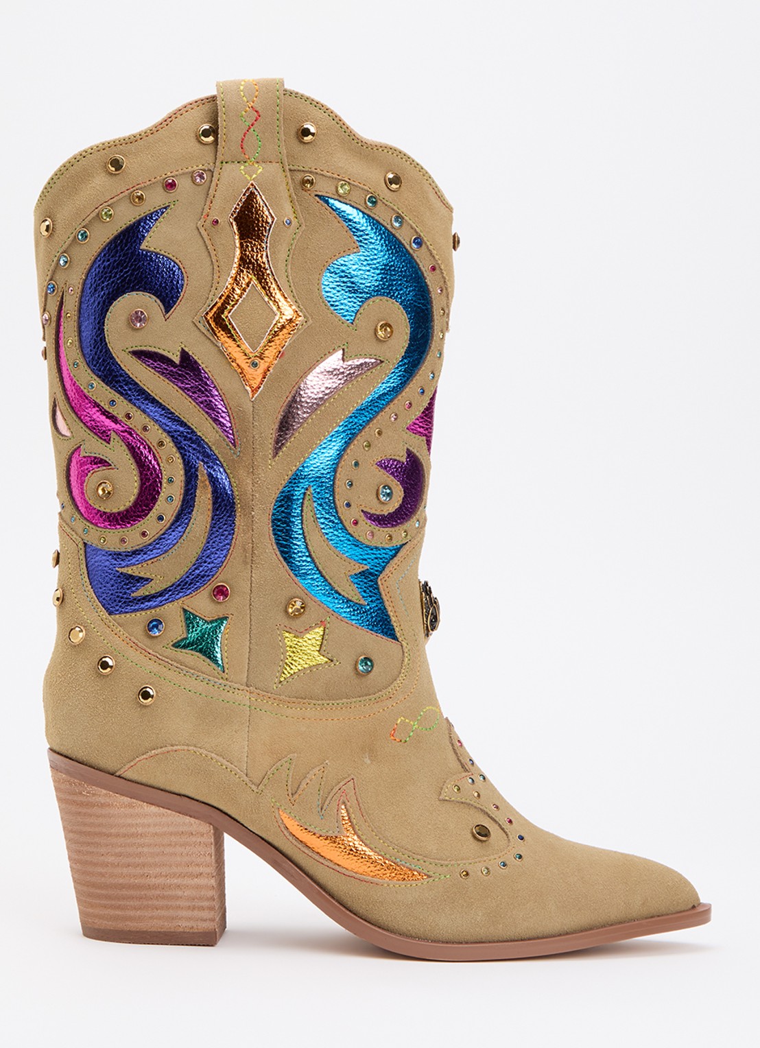 Kurt Geiger Kensington cowboylaars van suède met strass - voorkant khaki