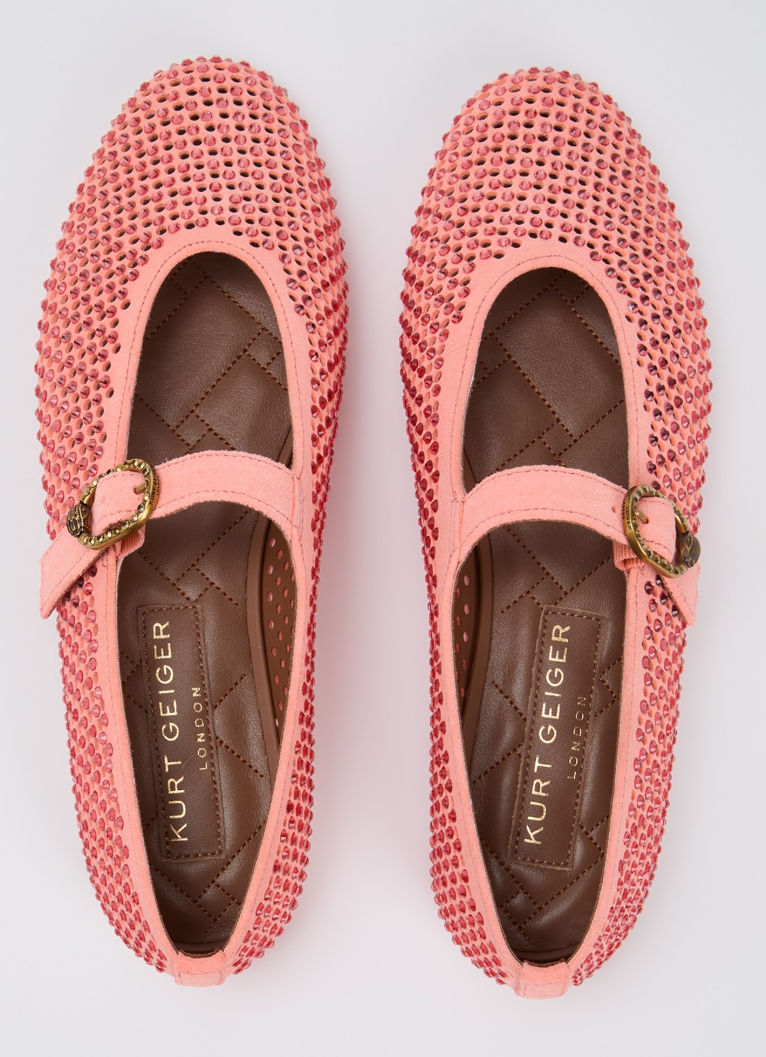 Kurt Geiger Mayfair ballerina van suède met strass - detail 3 koraalroze