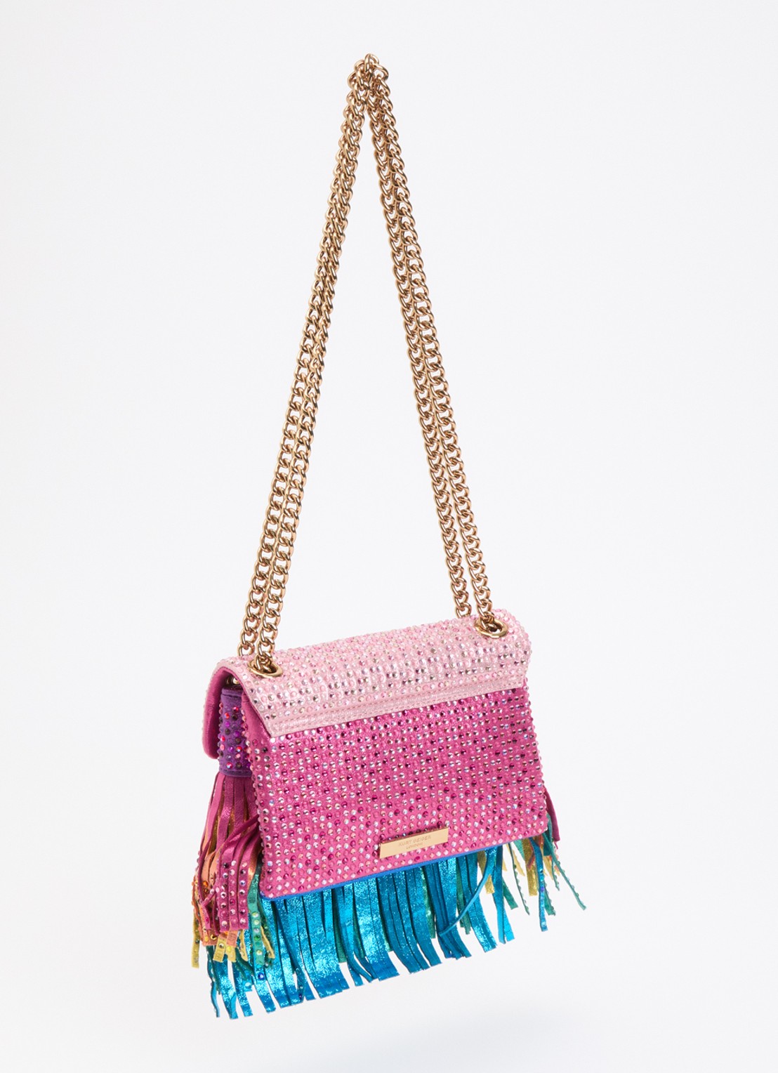 Kurt Geiger Mini Kensington Fringe schoudertas met strass en franjes - achterkant 5 roze