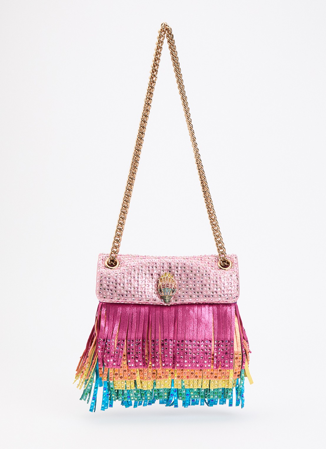 Kurt Geiger Mini Kensington Fringe schoudertas met strass en franjes - voorkant roze