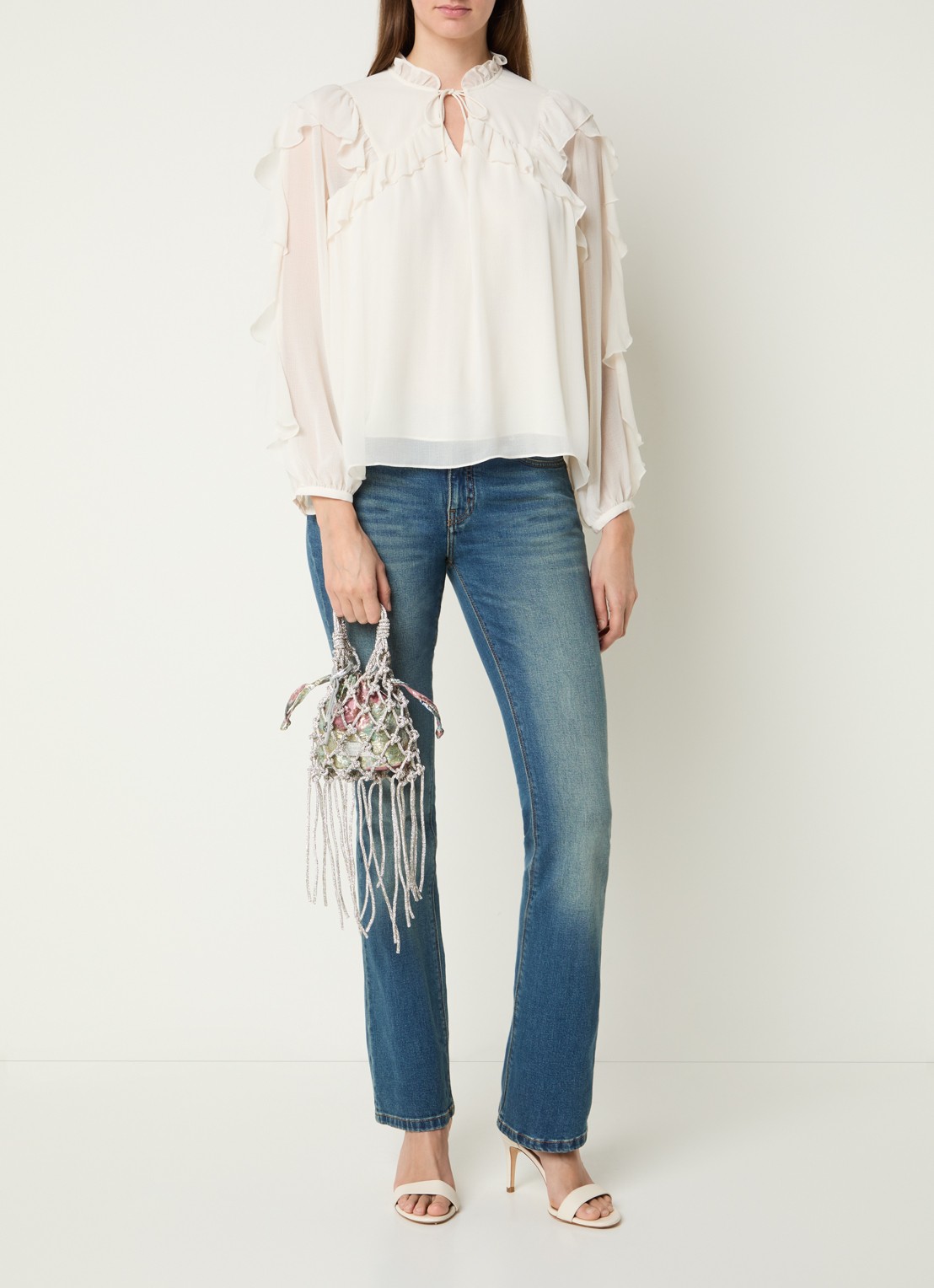 Kurt Geiger Mini Macrame crossbodytas met strass - voorkant 2 zilver