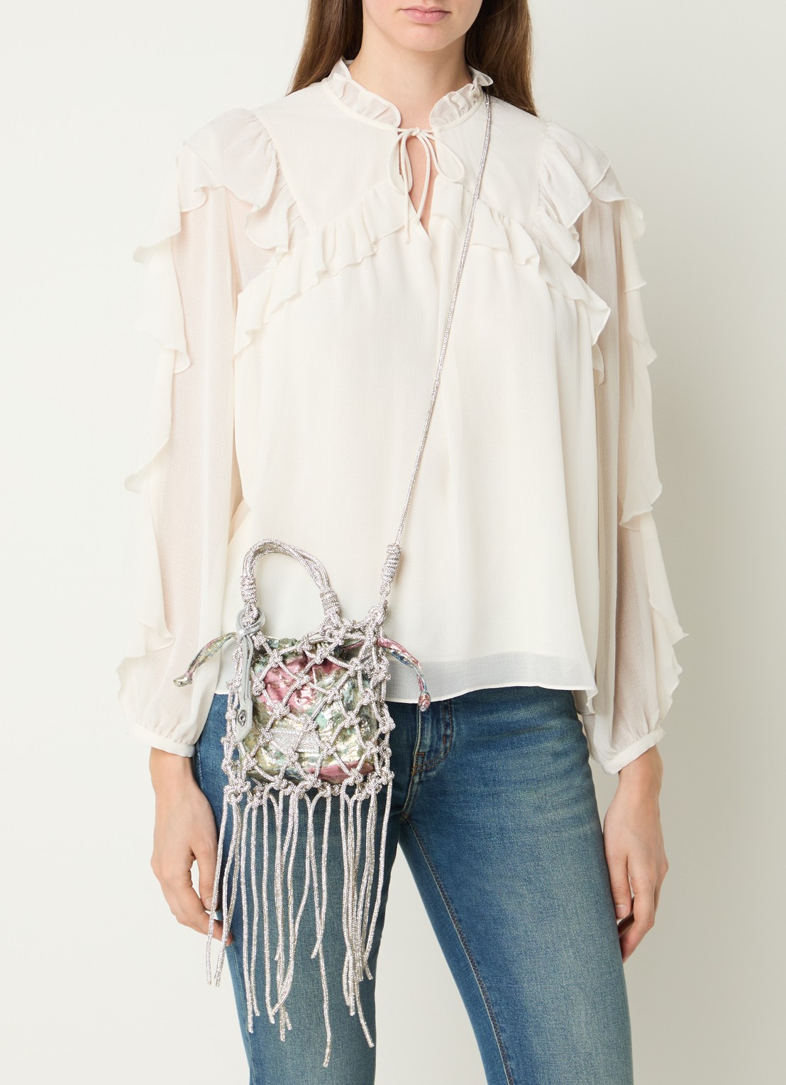 Kurt Geiger Mini Macrame crossbodytas met strass - voorkant 3 zilver