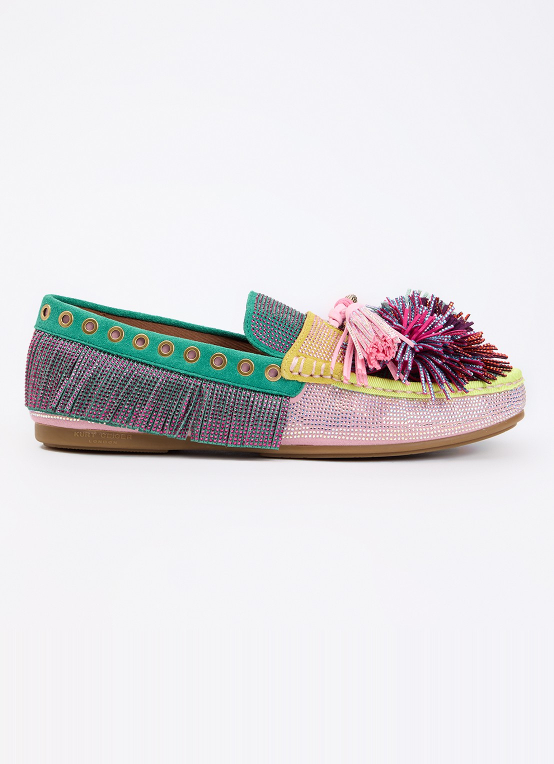 Kurt Geiger Pom Pom loafer van suède met strass en franjes - voorkant 2 multicolor