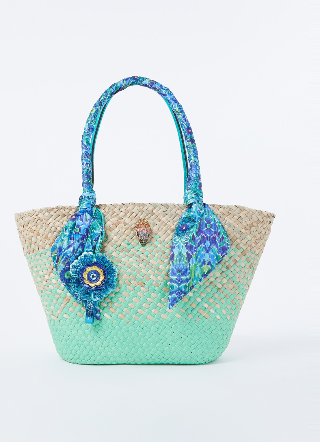 Kurt Geiger Shopper van raffia met leren details - voorkant 4 turquoise
