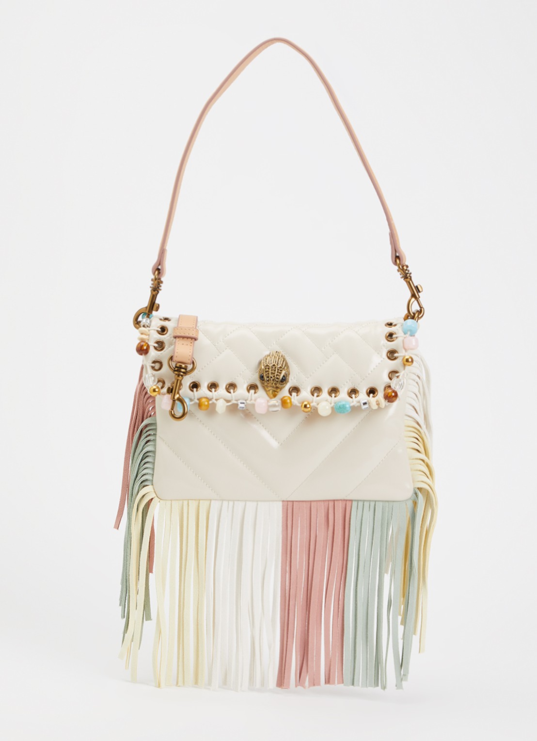 Kurt Geiger Small Oxford Fringe schoudertas van leer met franjes en kralendecoratie - voorkant creme