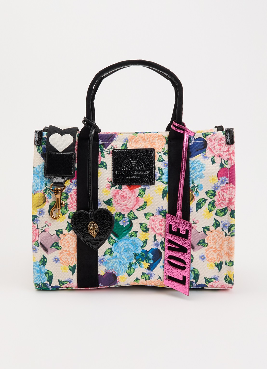Kurt Geiger Southbank handtas met bloemenprint en afneembare schouderriem - voorkant zwart