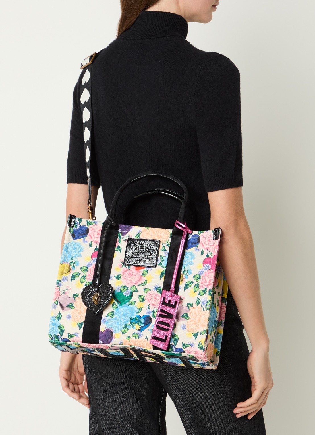 Kurt Geiger Southbank handtas met bloemenprint en afneembare schouderriem - voorkant 3 zwart