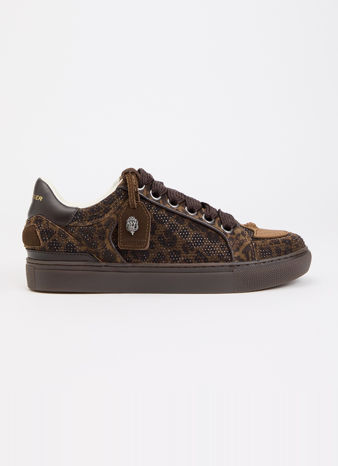 Kurt Geiger Southbank Tag sneaker van suède met panterprint en strass - voorkant 5 donkerbruin