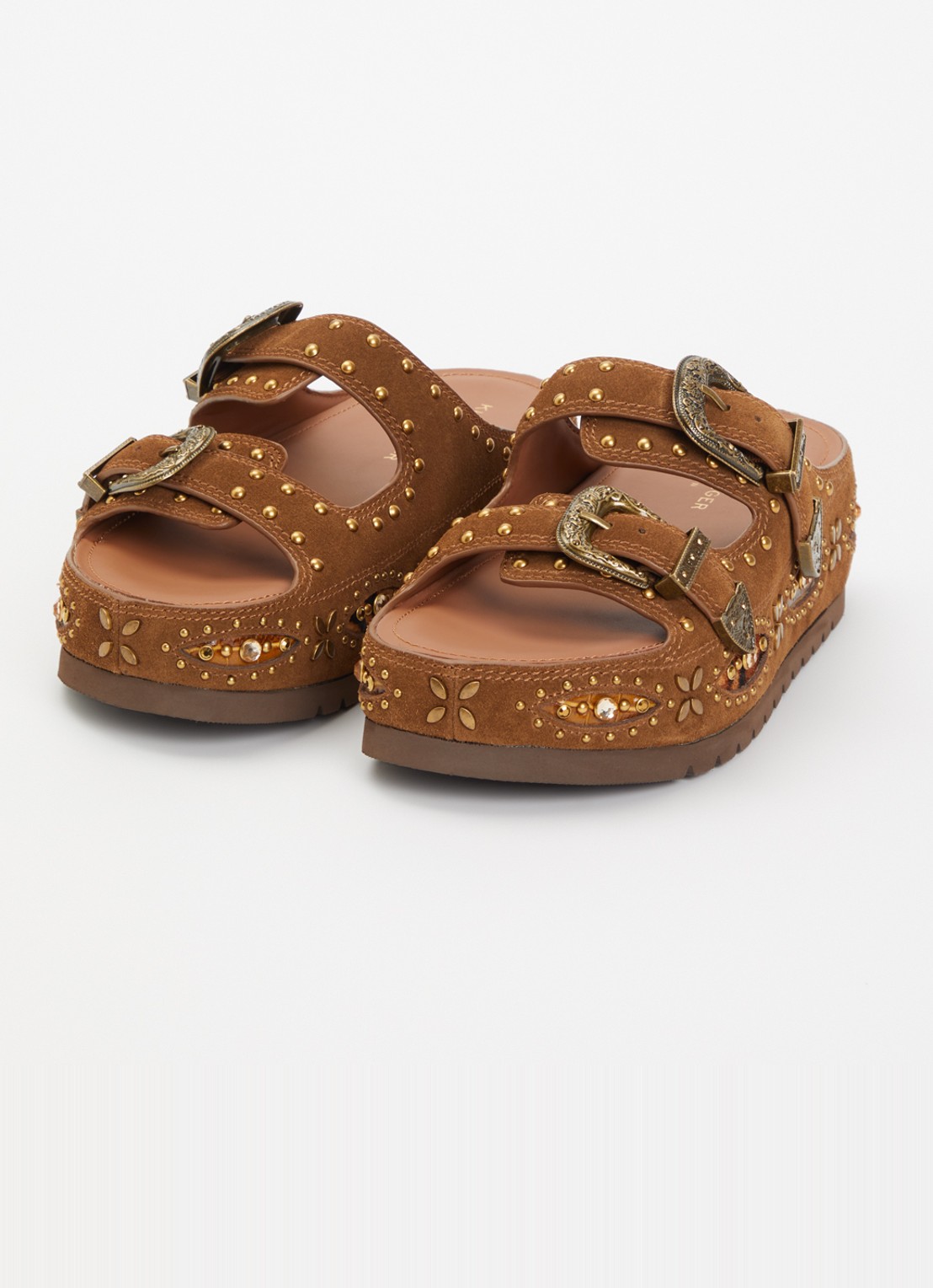 Kurt Geiger Western Buckle Flatform sandaal van suède met studs - detail bruin