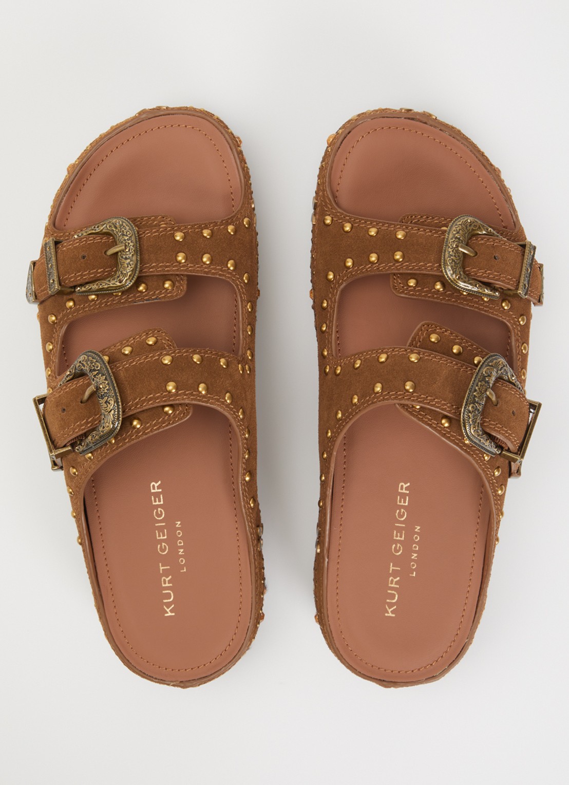 Kurt Geiger Western Buckle Flatform sandaal van suède met studs - detail 2 bruin