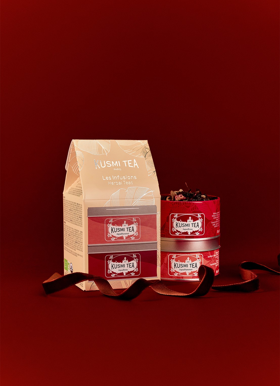 Kusmi Tea AquaRosa and AquaSummer losse thee 2 stuks in giftbox - detail beige
