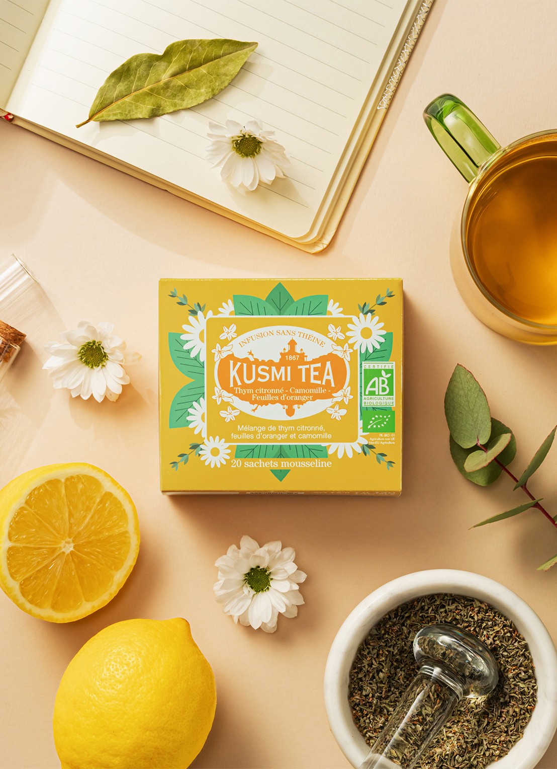 Kusmi Tea Lemon Thyme-Chamomile-Orange Leaves theezakjes 20 stuks - voorkant 6 beige