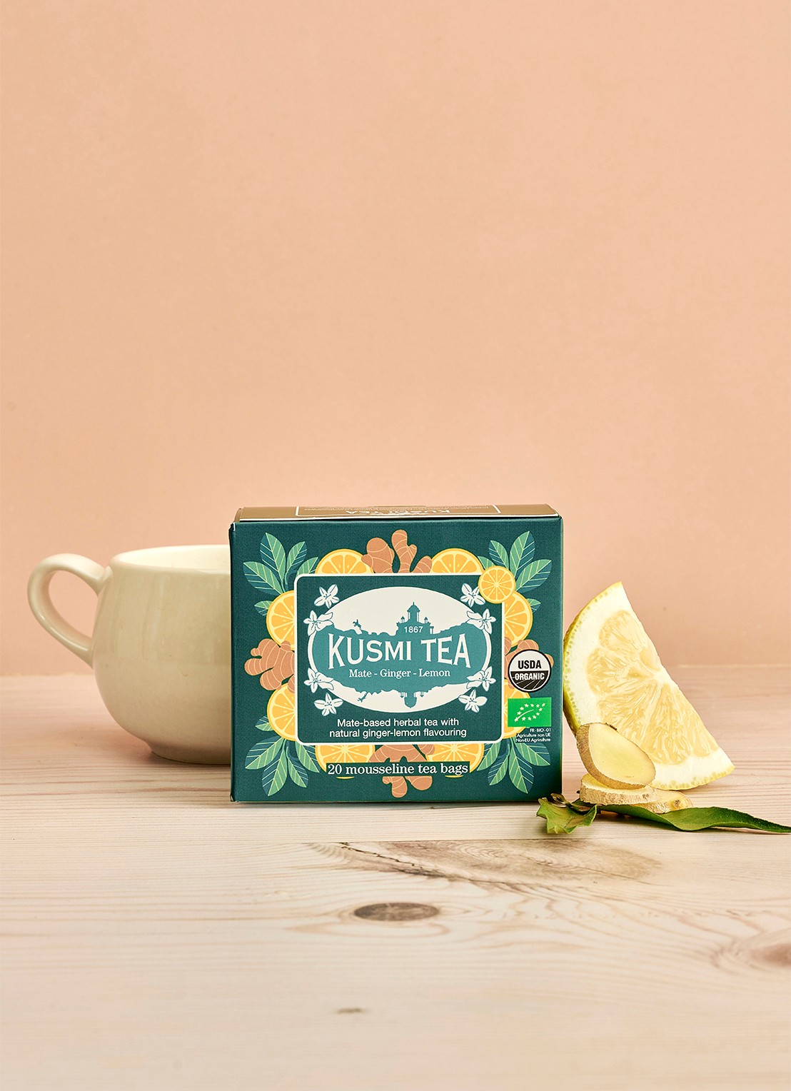 Kusmi Tea Mate Ginger Lemon theezakjes 20 stuks - voorkant 2 beige