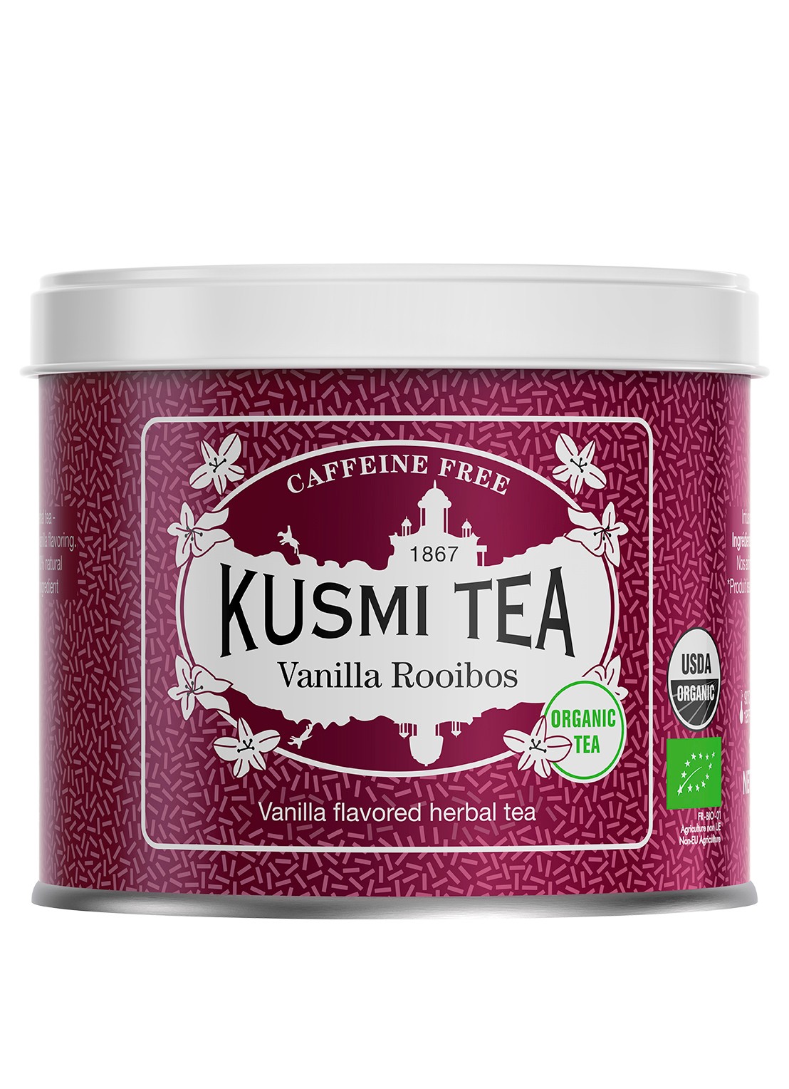 Kusmi Tea Rooibos Vanille losse thee 100 gram - voorkant donkerroze