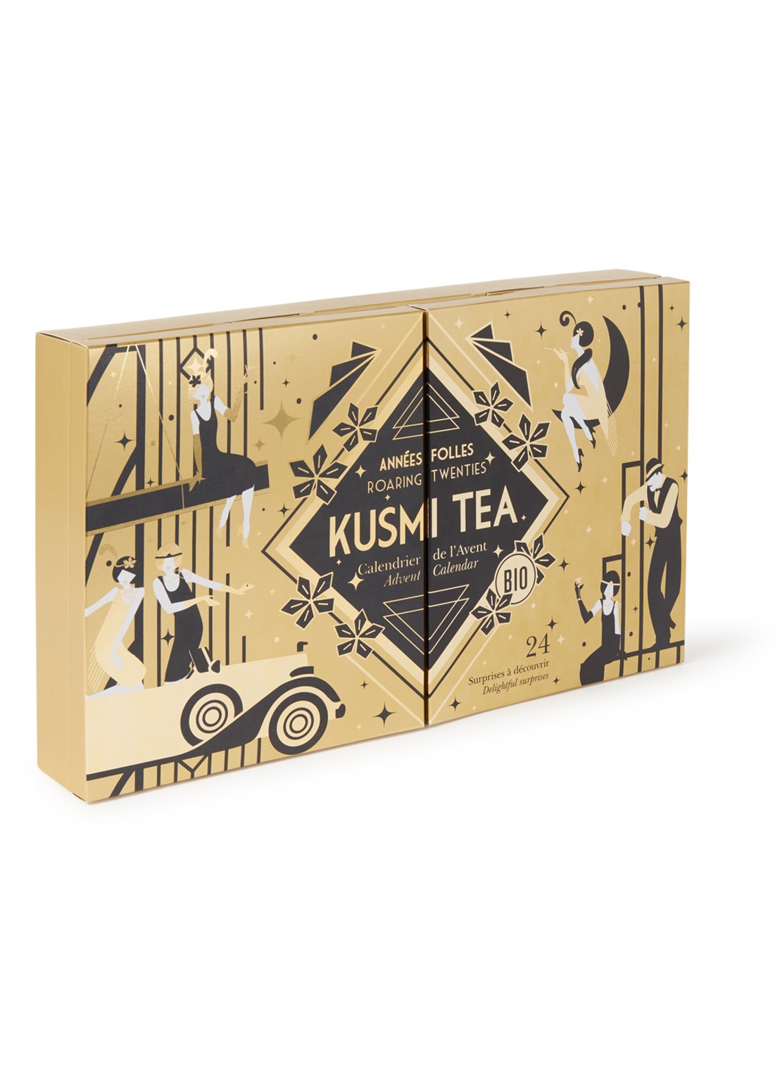 Kusmi Tea Tsarevna biologische thee adventskalender in Roaring Twenties editie 24 stuks - voorkant goud