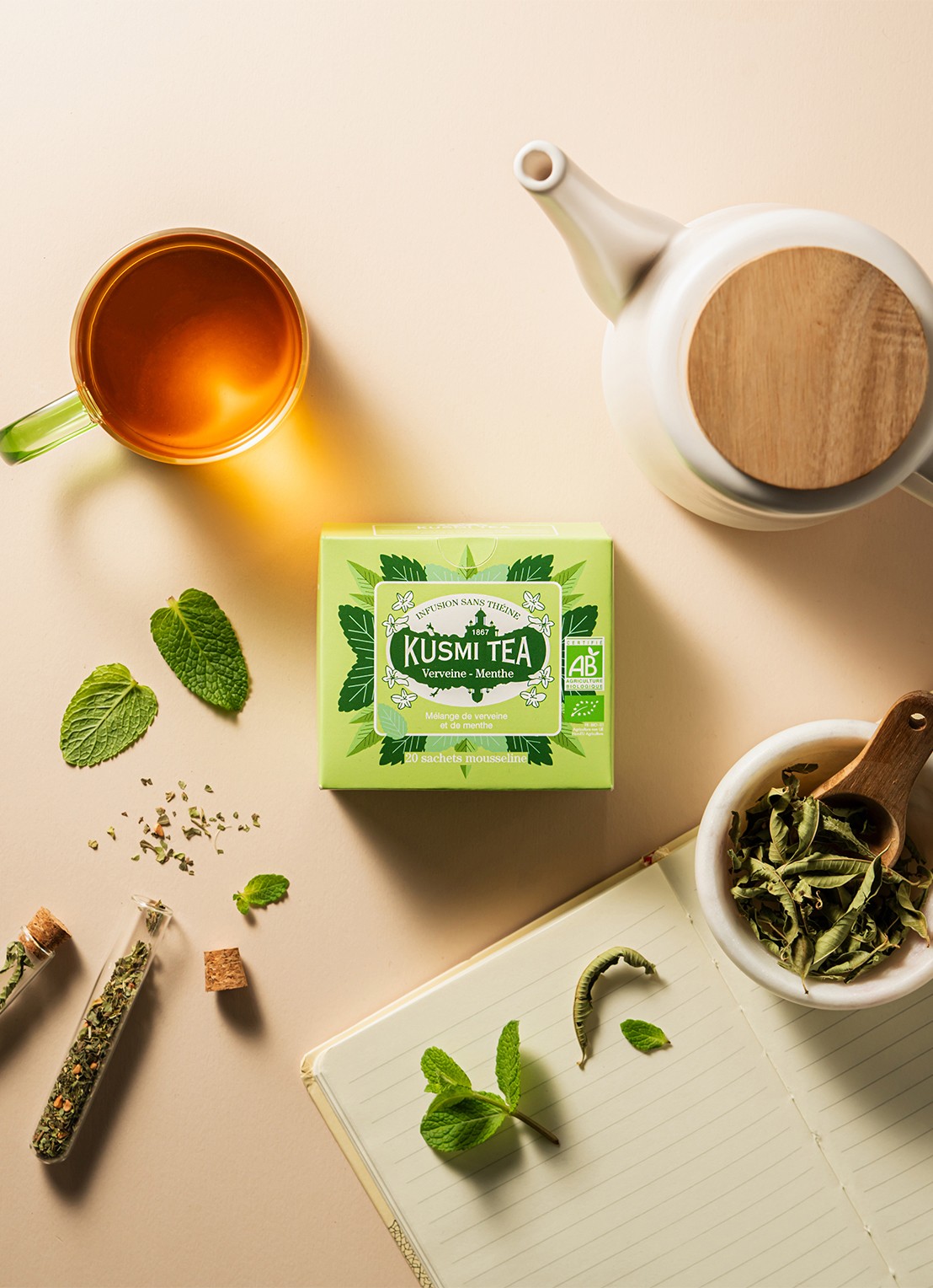 Kusmi Tea Verbana-Mint theezakjes 20 stuks - voorkant 4 beige