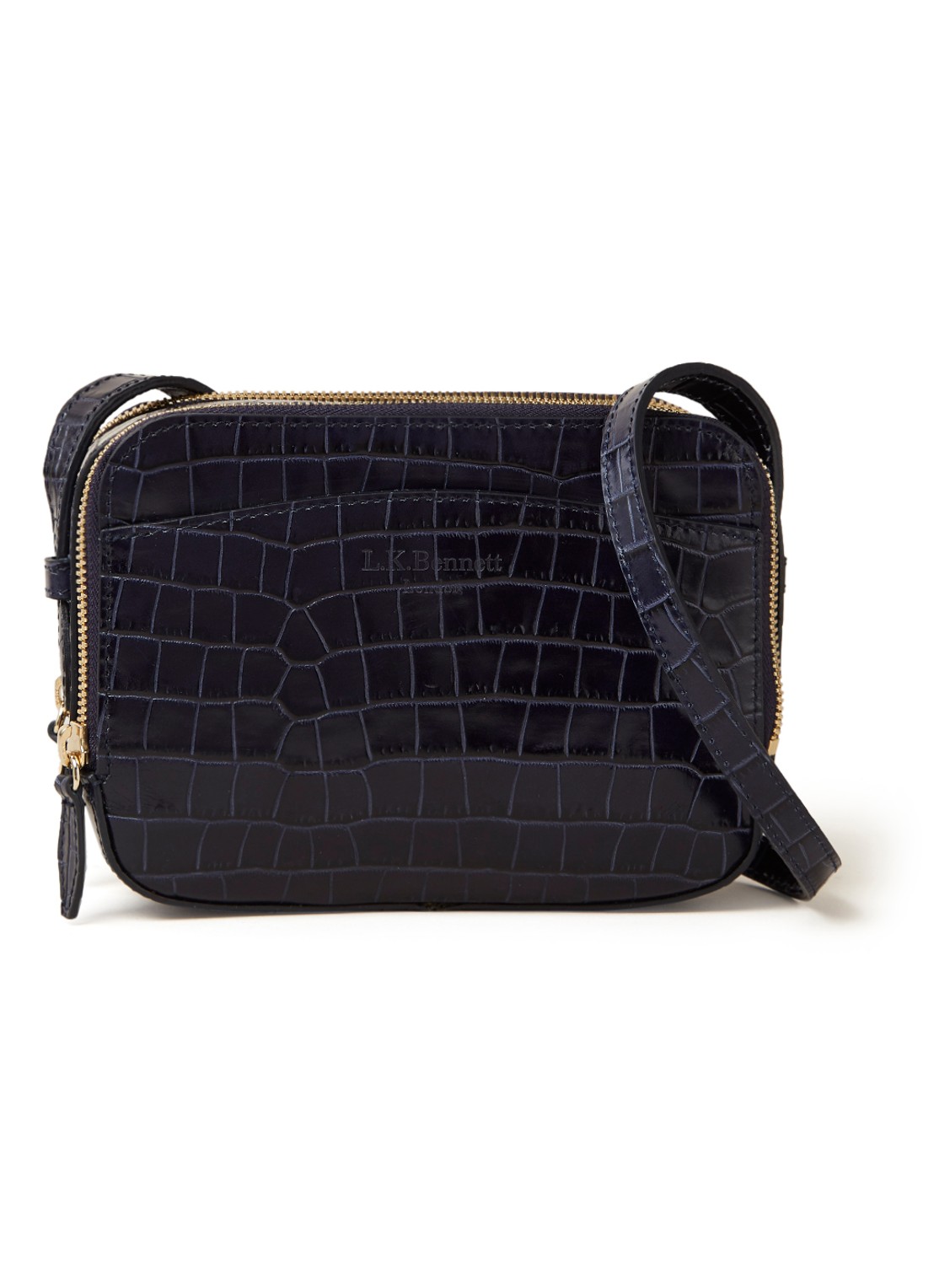 L.K.Bennett Mariel crossbodytas van kalfsleer met crocostructuur - voorkant 3 donkerblauw