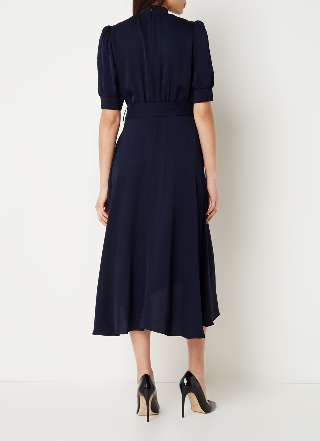 L.K.Bennett Violet midi jurk met pofmouw en ceintuur - achterkant donkerblauw