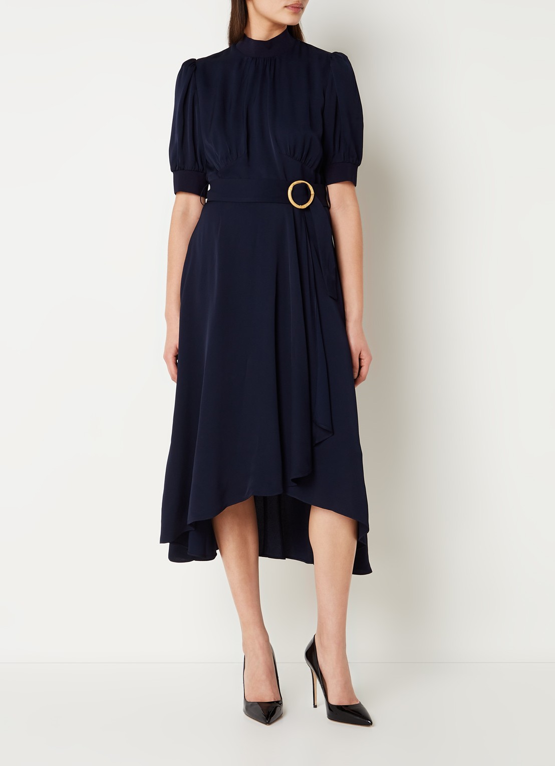 L.K.Bennett Violet midi jurk met pofmouw en ceintuur - detail 4 donkerblauw