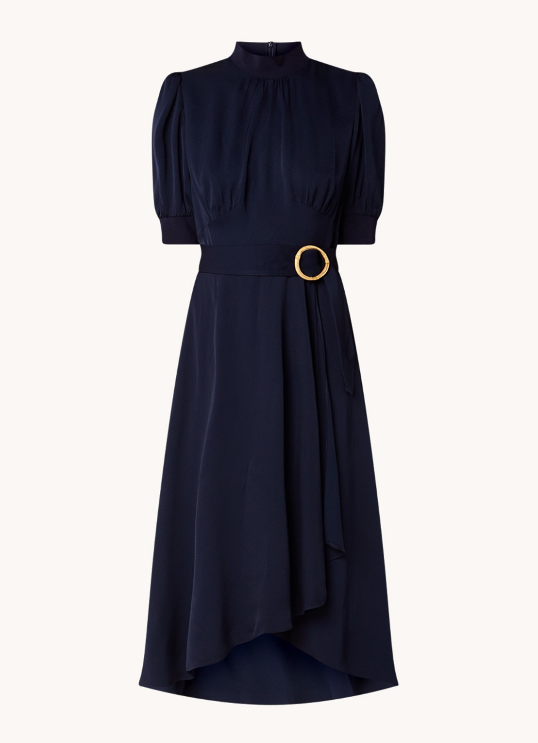 L.K.Bennett Violet midi jurk met pofmouw en ceintuur - voorkant 2 donkerblauw