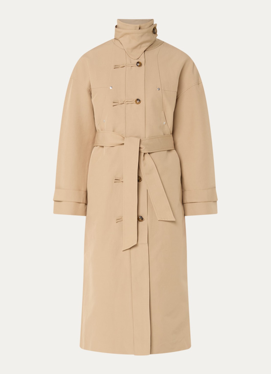 Laagam Antwerp trenchcoat met strikceintuur en opstaande kraag - voorkant 3 donkerbeige