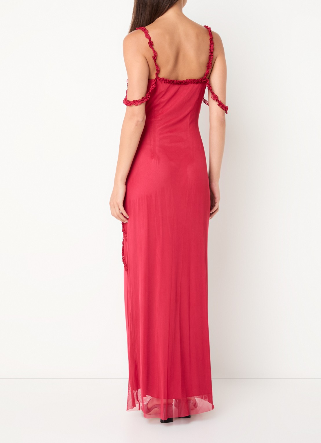Laagam Arabella maxi jurk met ruches en split - achterkant 2 cranberryrood