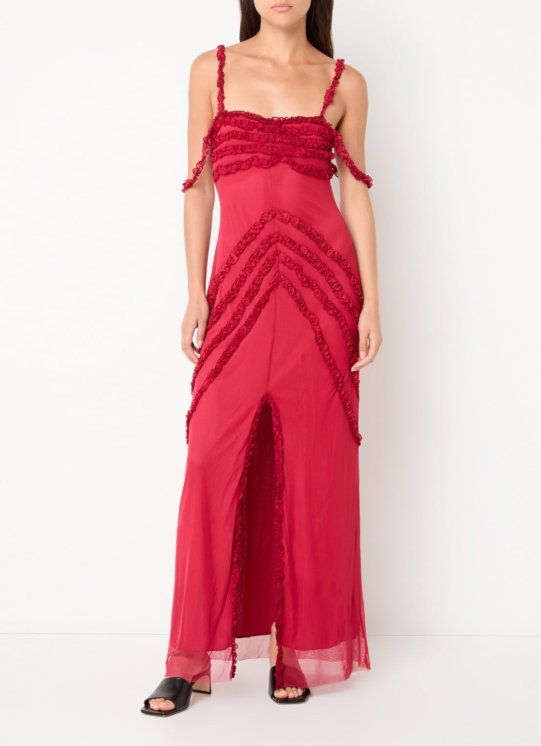 Laagam Arabella maxi jurk met ruches en split - detail cranberryrood