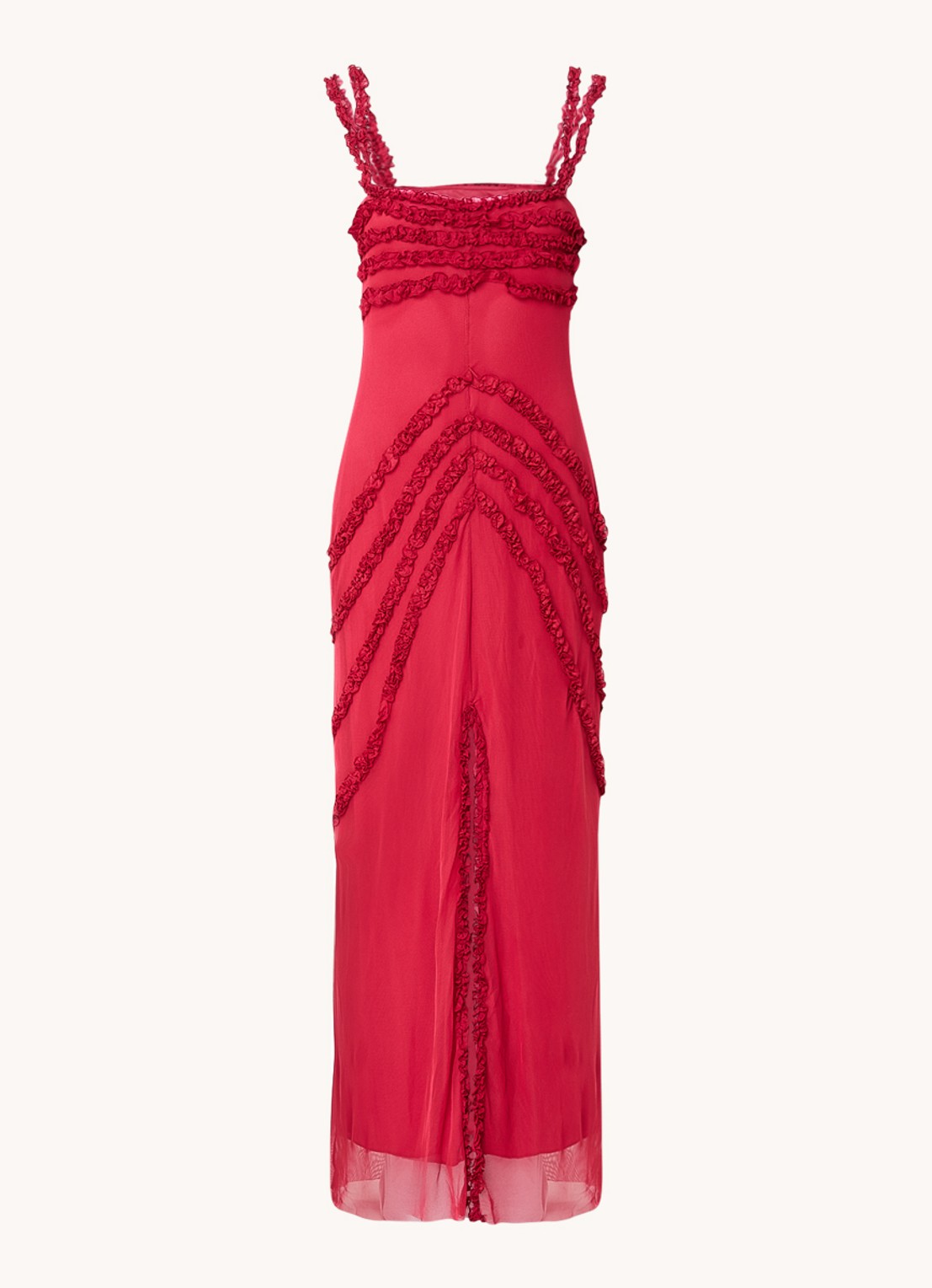 Laagam Arabella maxi jurk met ruches en split - voorkant 3 cranberryrood