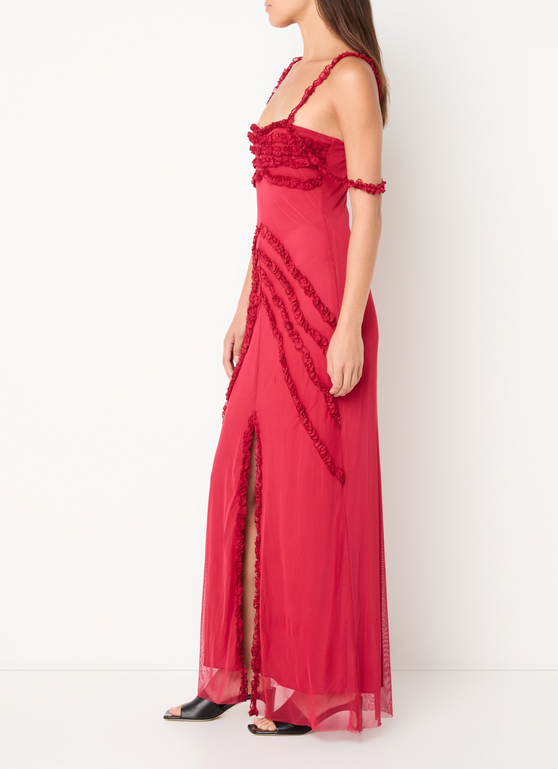Laagam Arabella maxi jurk met ruches en split - voorkant 4 cranberryrood