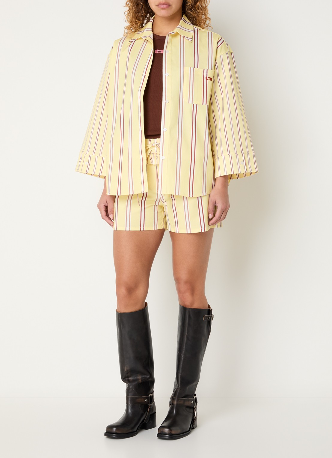 Laagam Caos oversized blouse met streepprint en borstzak - voorkant 3 gebroken wit