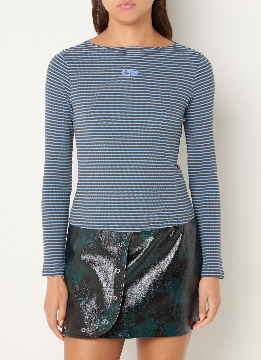 Laagam Emory longsleeve met logo en streepprint - detail blauwgrijs