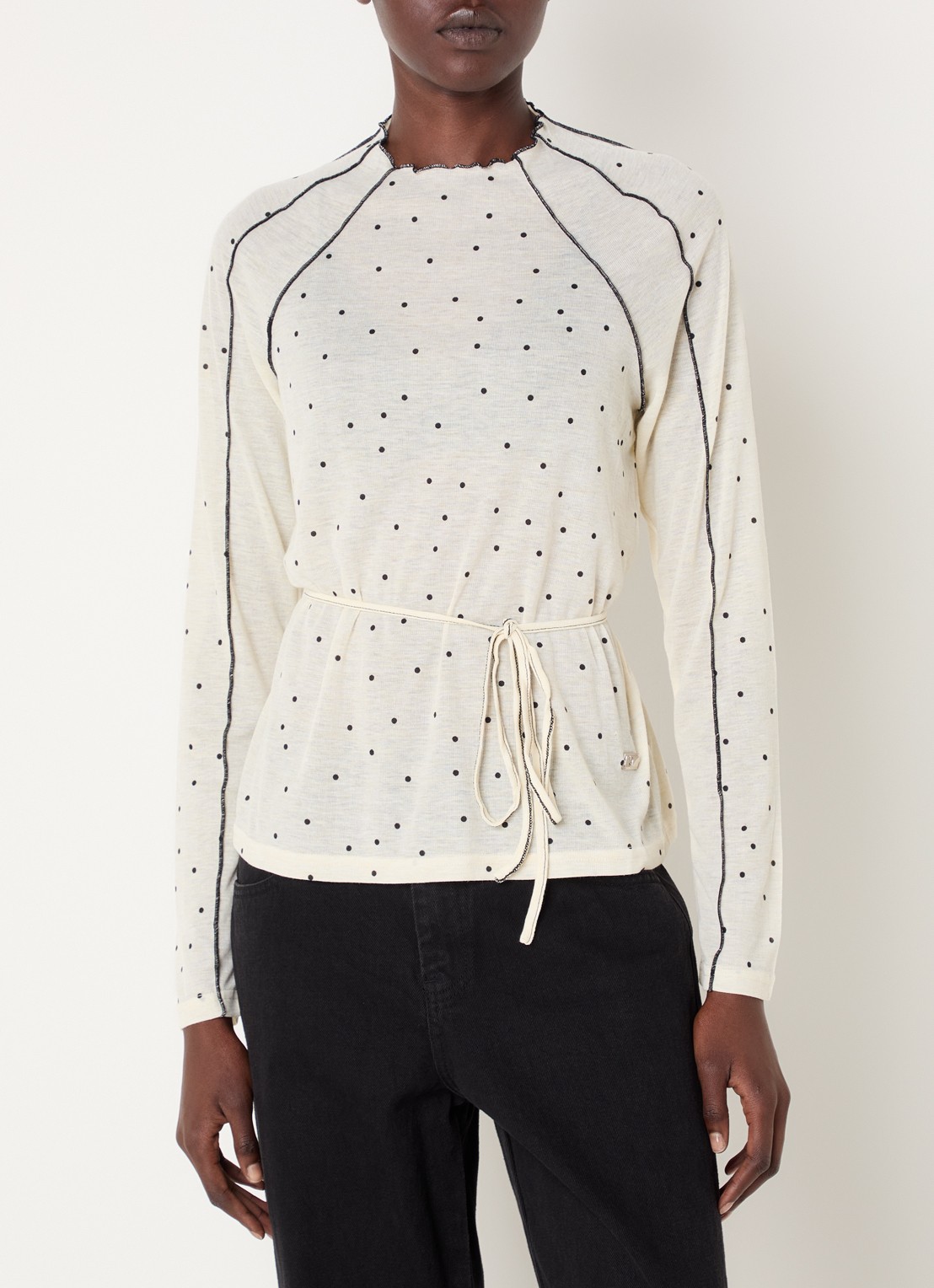 Laagam Harper semi-transparante longsleeve met stippenprint en ceintuur - detail 3 gebroken wit