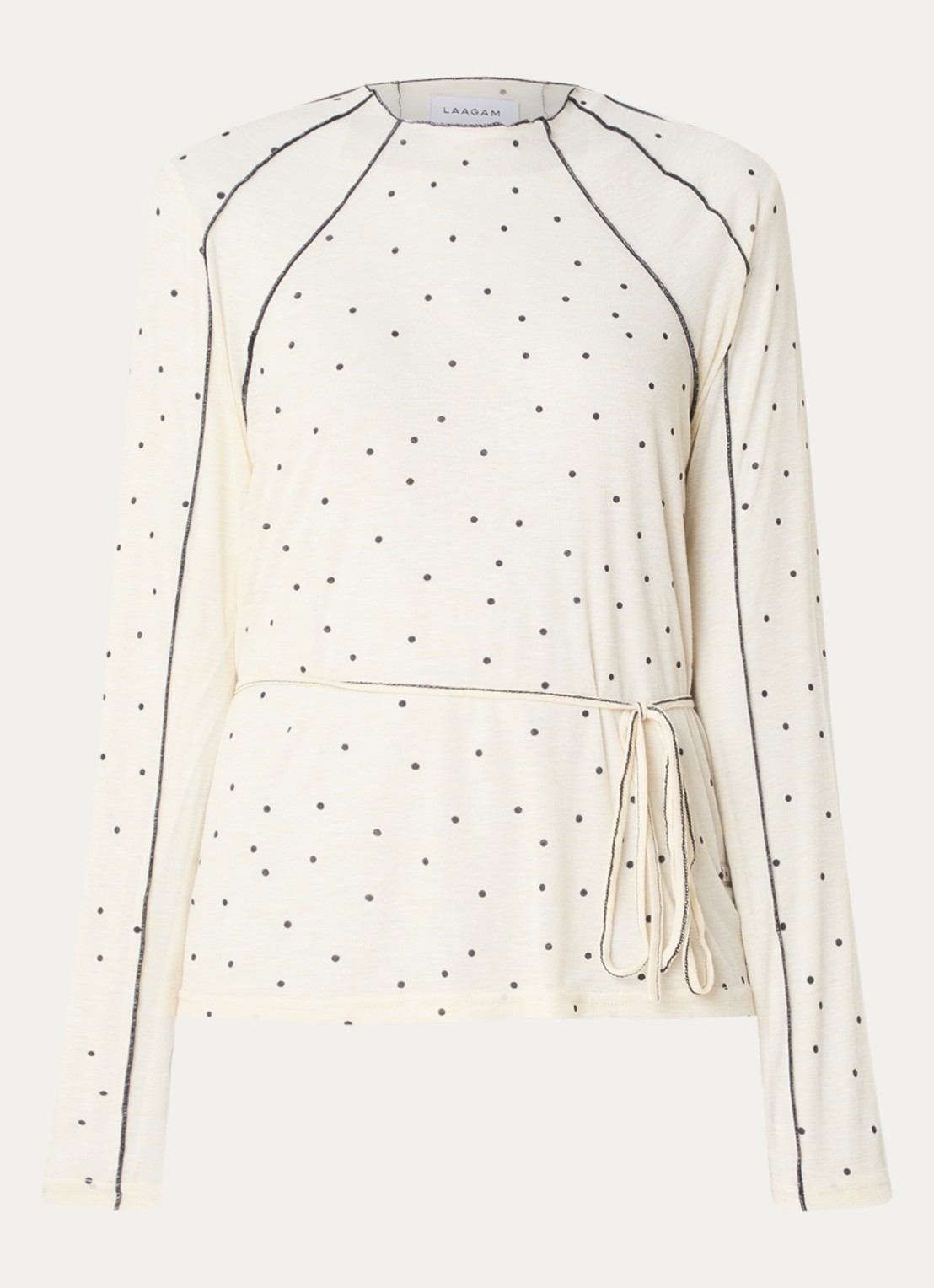 Laagam Harper semi-transparante longsleeve met stippenprint en ceintuur - voorkant gebroken wit