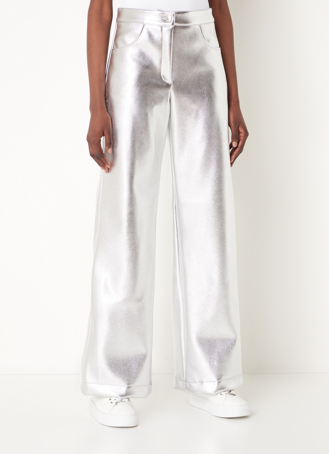 Laagam High waist wide fit broek van imitatieleer met metallic finish - detail zilver