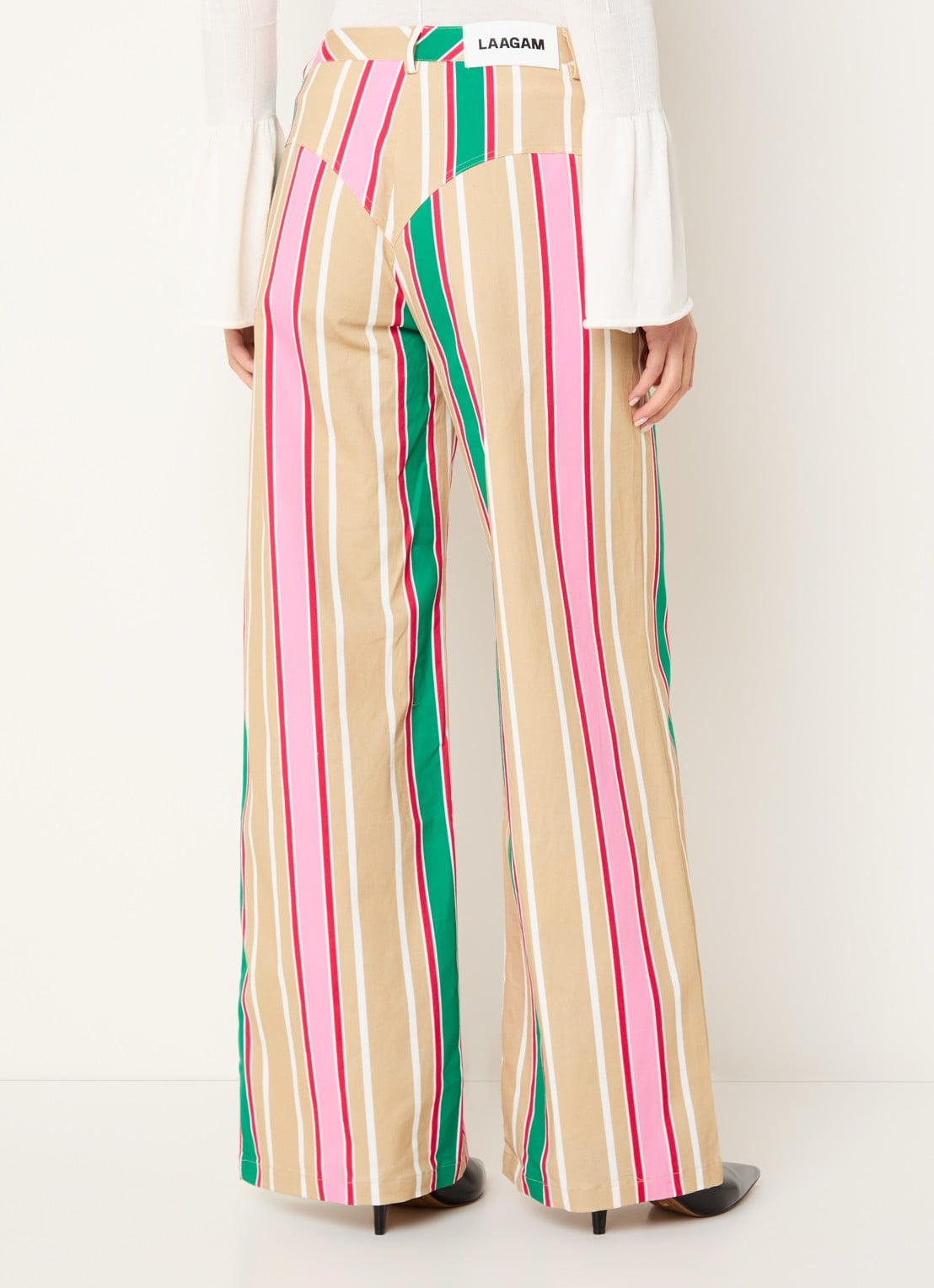 Laagam Leroy mid waist straight fit broek met streepprint - achterkant beige