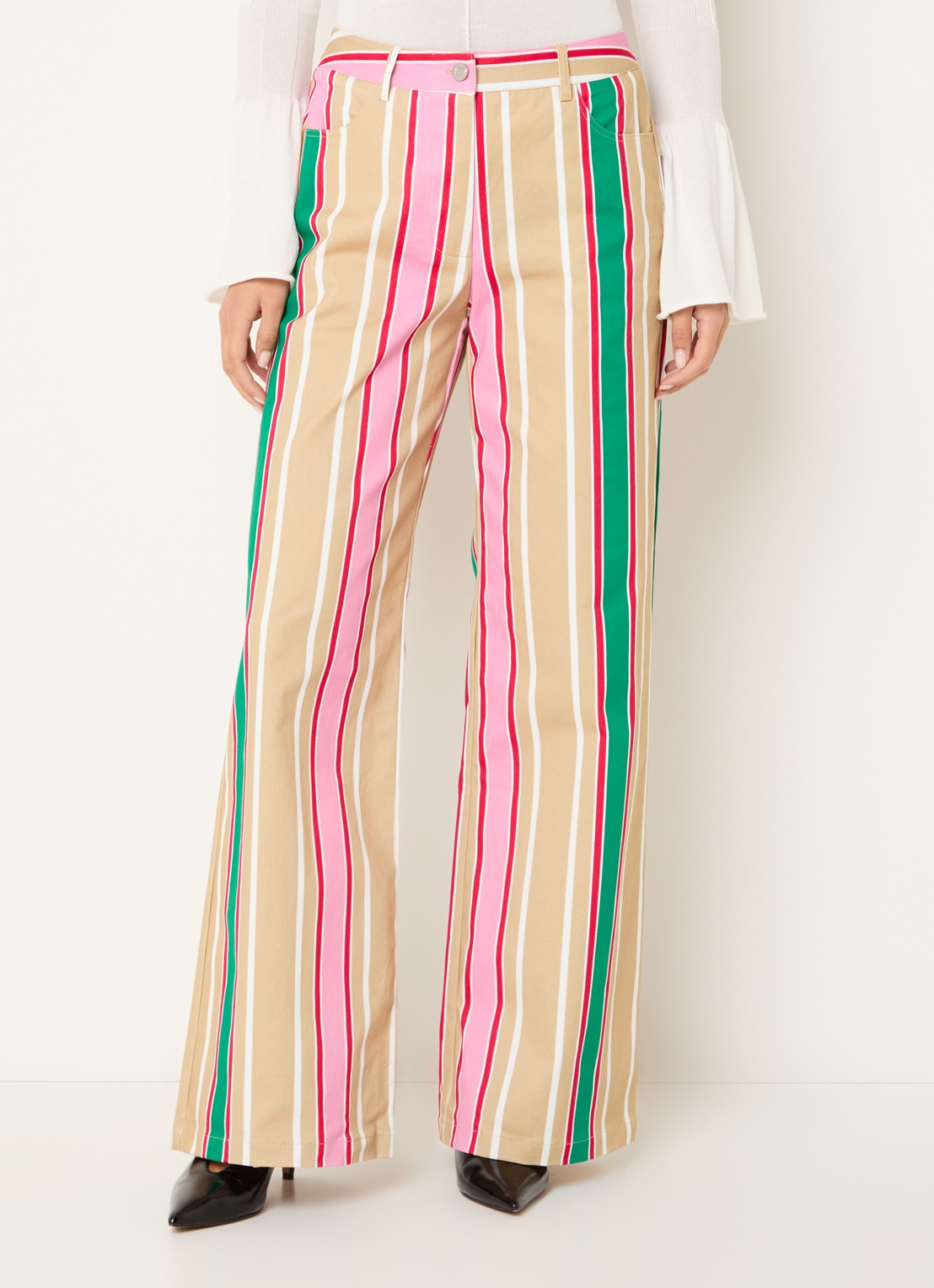 Laagam Leroy mid waist straight fit broek met streepprint - detail 4 beige