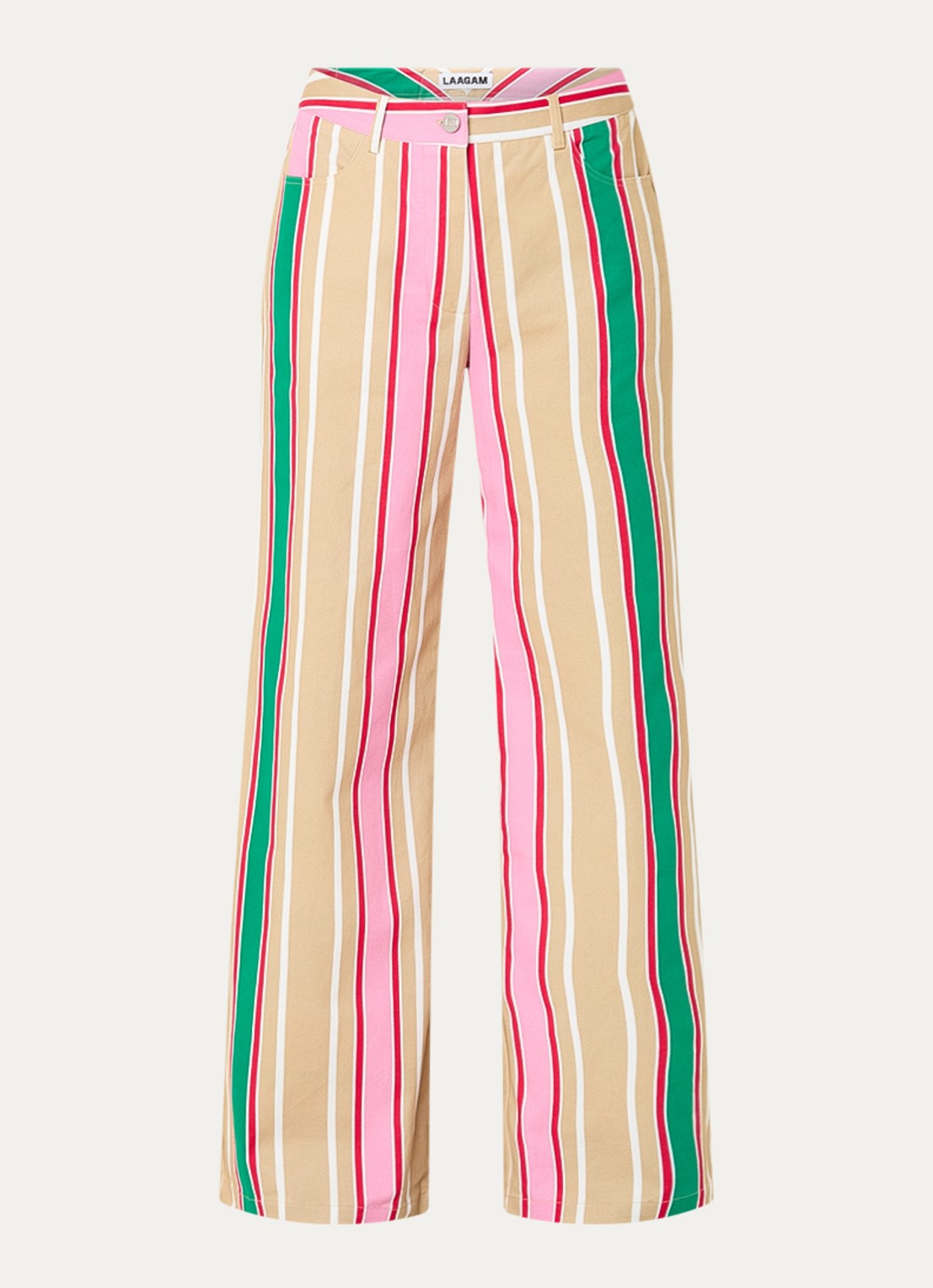 Laagam Leroy mid waist straight fit broek met streepprint - voorkant 2 beige