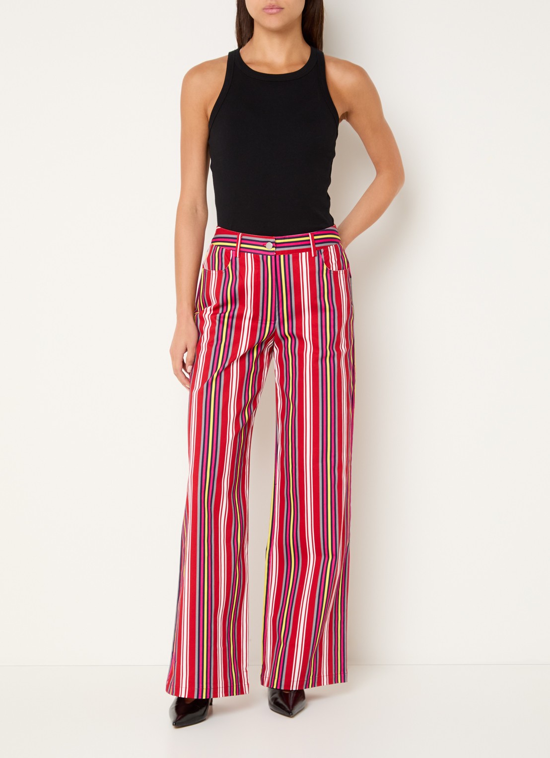 Laagam Leroy mid waist straight fit broek met streepprint - voorkant 4 rood